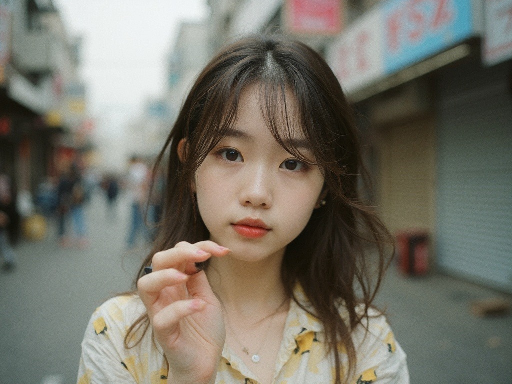 Capture a candid shot of an 18-year-old South Korean girl with brown eyes and hair