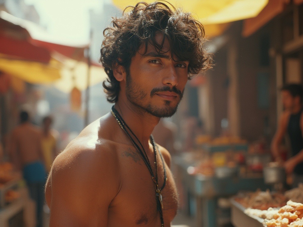 Bohemian-style candid portrait of a 24-year-old Indian male with brown eyes and hair