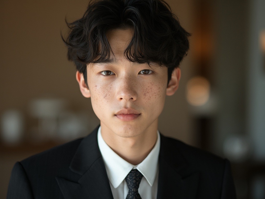 Professional studio shot of an 18-year-old South Korean boy captured in the 2010s style using Kodak film. The photo is of high quality