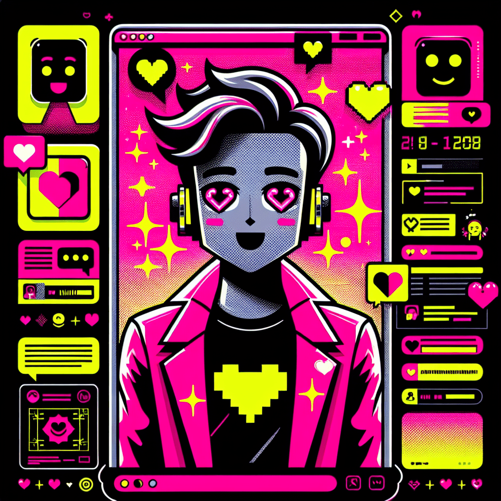 Vibrant pop-art style image featuring a cartoonish AI boyfriend with playful features, surrounded by chat bubbles and emojis, set against a Neon Pink background with bold typography reading "AI Boyfriend Review" in Bright Yellow, aimed at enhancing virtual relationships.