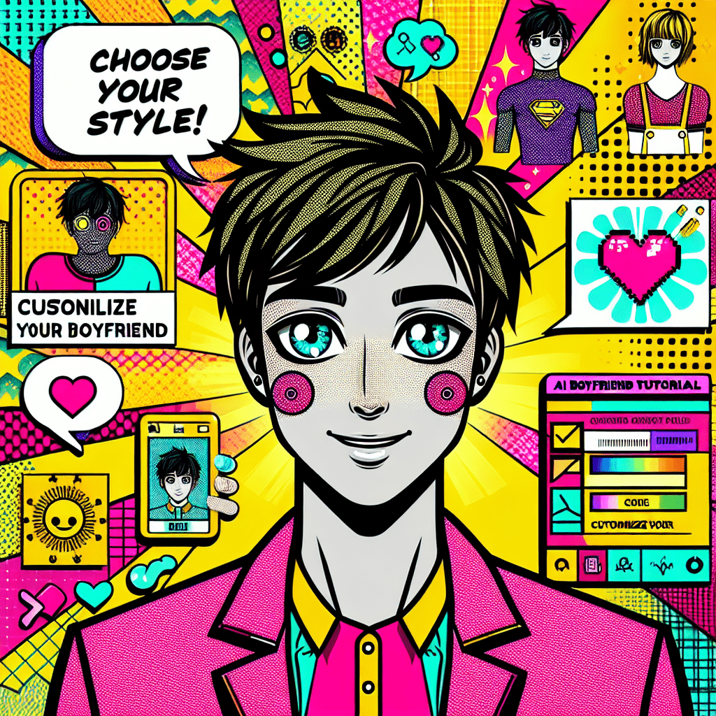 Cartoonish AI boyfriend character with oversized eyes and a cheeky smile centered against a vibrant neon pink and bright yellow background, surrounded by customization elements like hearts, speech bubbles saying "Choose Your Style!" and various fun accessories. The image includes the blog title in bold cartoonish font, designed to evoke excitement and fun, representing the theme of the AI Boyfriend tutorial: How to customize AI companions for better engagement.