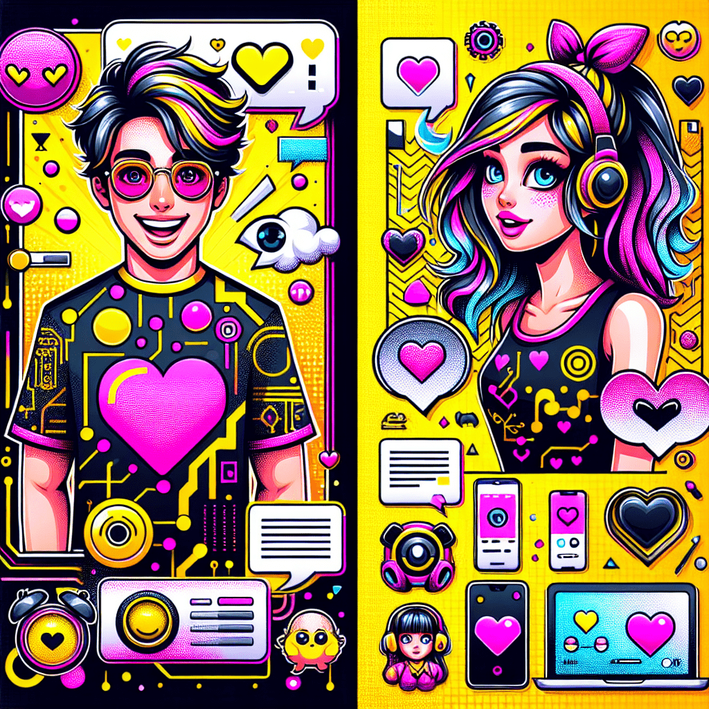 Split-screen image titled "AI Boyfriend vs. AI Girlfriend: Which is Best for AI Relationships?" featuring a vibrant pop-art style. The left side depicts a cartoonish male character with a big smile, Neon Pink hair, and a Bright Yellow t-shirt adorned with hearts and circuit patterns, surrounded by flirty speech bubbles and tech elements. The right side showcases a lively female character with Bright Yellow hair, dressed in a bold Neon Pink outfit, accessorized with headphones and colorful gadgets, all set against bright backgrounds. A whimsical heart in the center symbolizes love between humans and AI companions, with the blog title integrated around it.