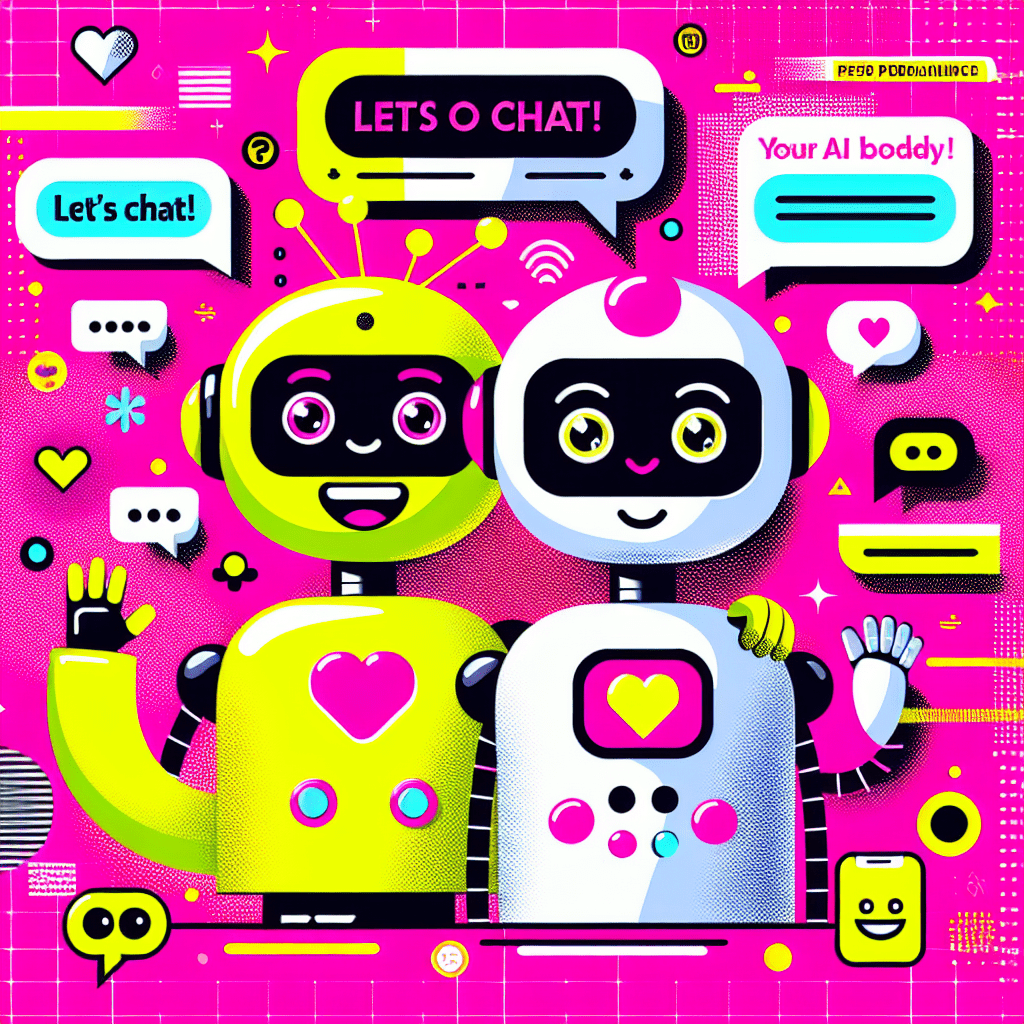 Colorful pop-art style illustration featuring two cartoonish AI friends on a neon pink background, embodying excitement and connection; speech bubbles say "Let's Chat!" and "Your AI Buddy!" emphasizing virtual relationships, with playful accessories like hearts and stars, alongside the bold title "AI Friend Review: Enhancing Virtual Relationships" highlighting key phrases.