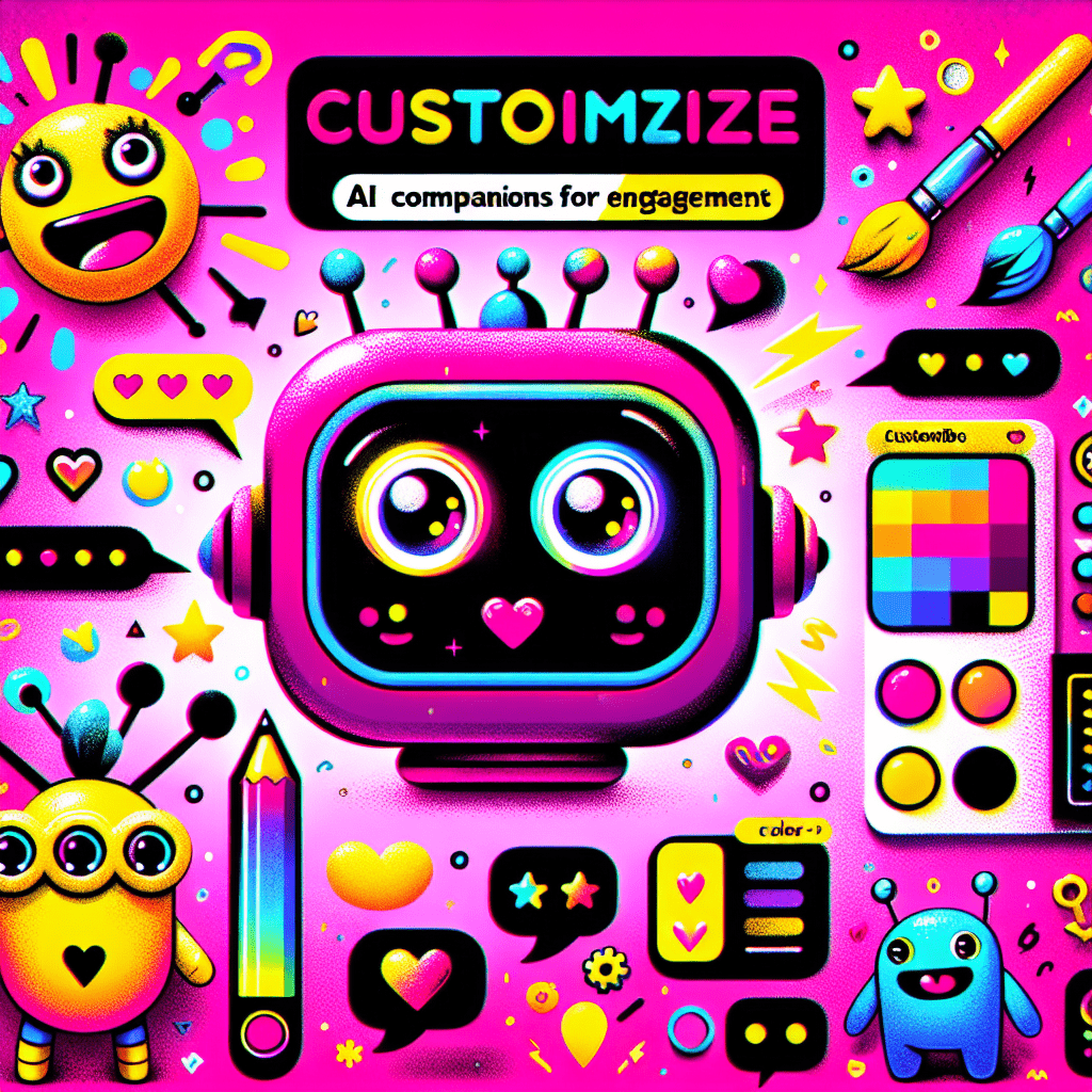 Vibrant featured image for the blog "AI Friend Tutorial: How to customize AI companions for better engagement," showcasing two playful AI characters on a neon pink background, surrounded by personalization icons like speech bubbles, hearts, and tools, embodying a fun, pop-art style.