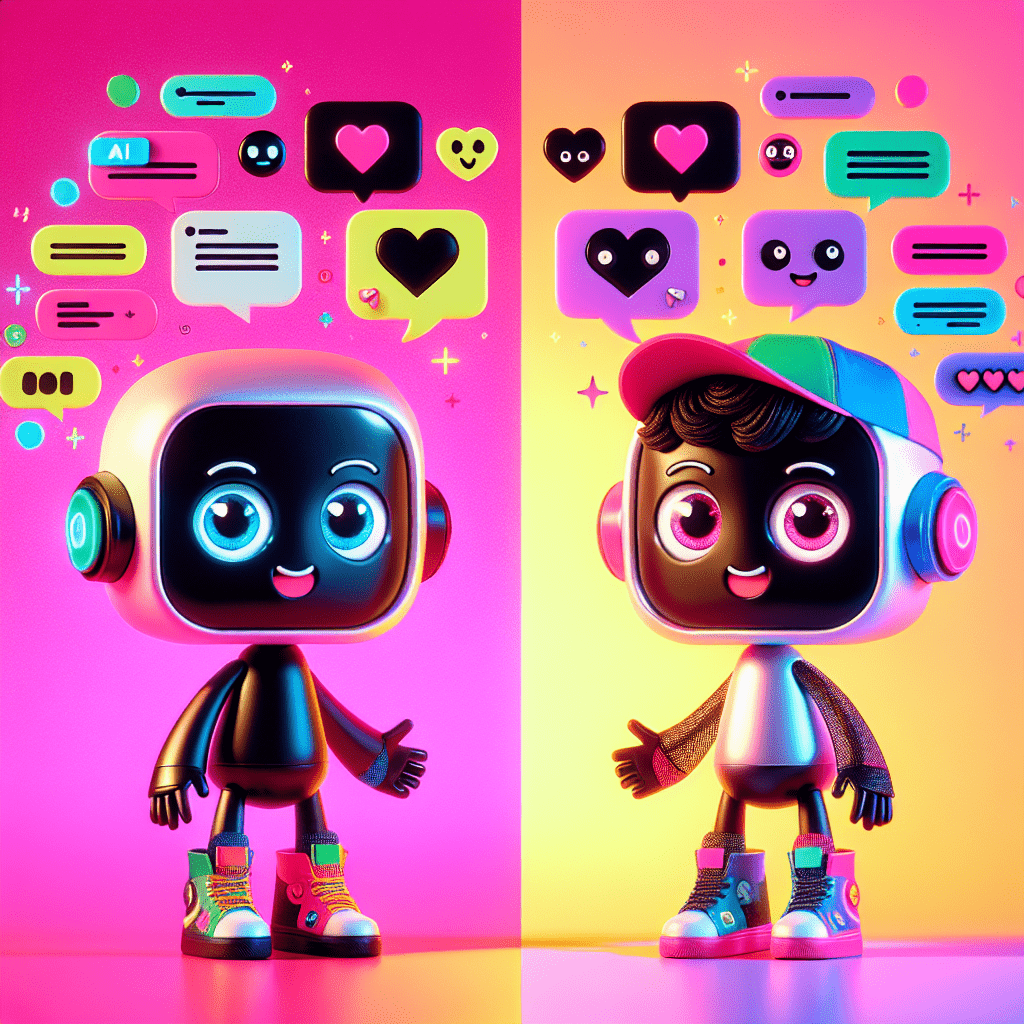 Playful competition between two cartoonish AI friends on a vibrant gradient background of Neon Pink and Bright Yellow, showcasing one with a friendly smile and neon headphones, and the other with a quirky look and funky cap, humorously debating their traits in speech bubbles, reflecting the theme of AI Friend vs. AI Friend: Which is best for AI-driven relationships?