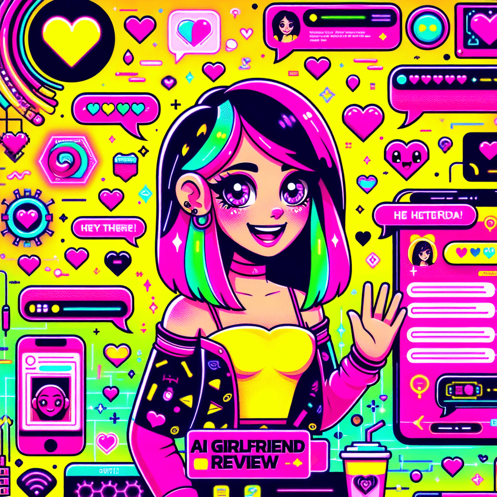 Colorful cartoon character representing an AI girlfriend with expressive eyes and playful style, surrounded by digital elements and animated hearts, featured in a vibrant neon pink and bright yellow background, illustrating the blog title AI Girlfriend Review: Enhancing Virtual Relationships.