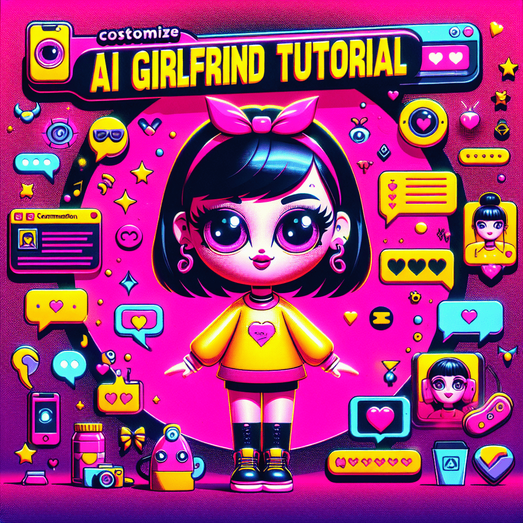 Colorful pop-art scene for AI Girlfriend tutorial: How to customize AI companions for better engagement, featuring a cartoonish AI girlfriend with a cheerful expression in a bright yellow outfit against a neon pink background, surrounded by playful customization options like hearts and tech icons.