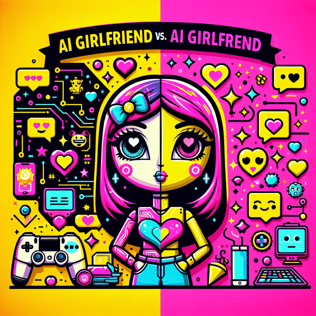 Cartoonish AI girlfriend characters in a split background of vibrant Neon Pink and Bright Yellow, playfully facing each other with fun expressions. One features futuristic neon circuitry, while the other has a heart-shaped antenna. They hold accessories like a gaming controller and a book, surrounded by playful icons and bold text reading "AI Girlfriend vs. AI Girlfriend: Which is best for AI-driven relationships?" capturing the essence of personalized AI companionship.