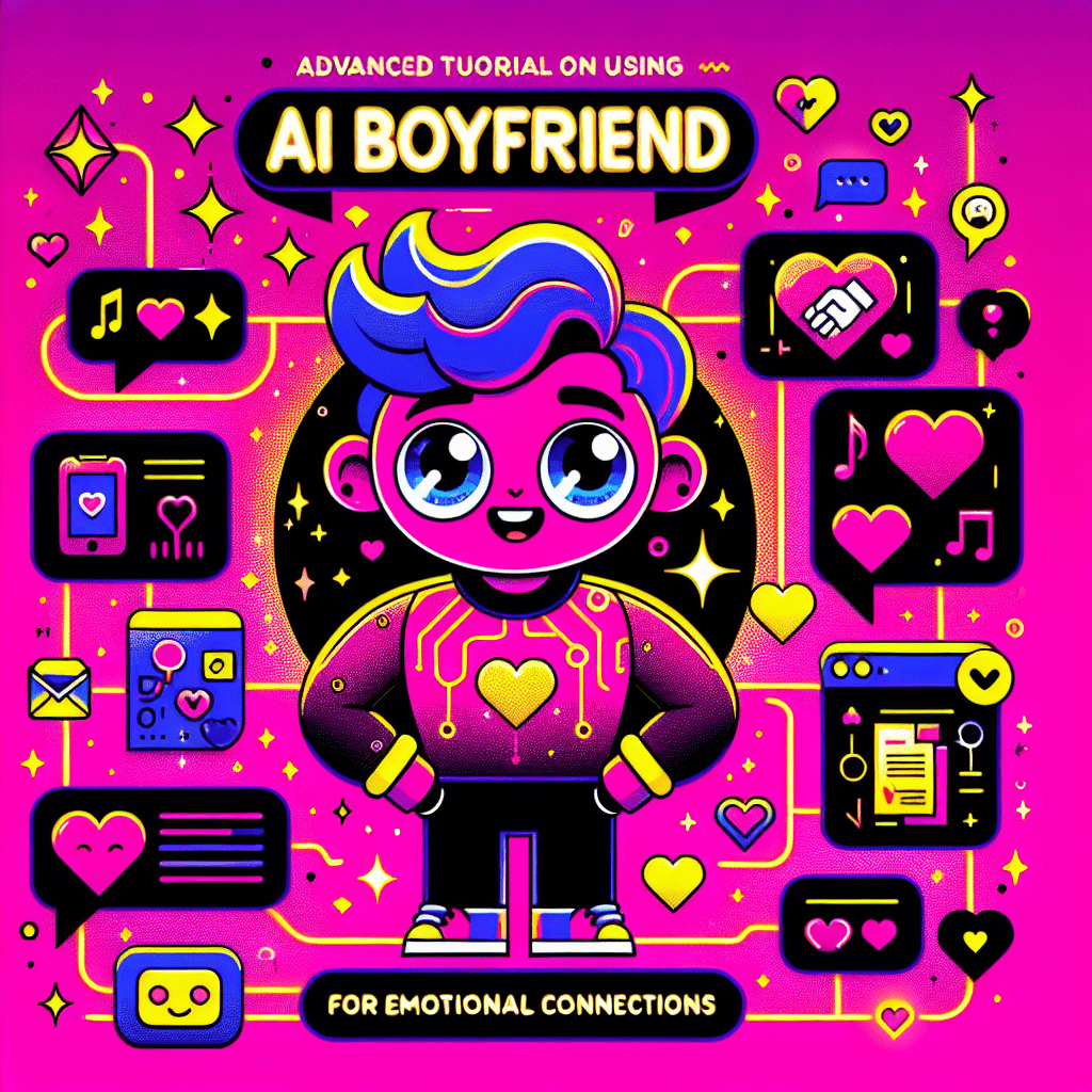 Vibrant featured image for blog titled Advanced tutorial on using AI Boyfriend for emotional AI connections, featuring a cartoonish AI boyfriend character with a friendly smile on a bright neon pink background, surrounded by heart emojis and conversation icons, with bold text overlay highlighting the tutorial.