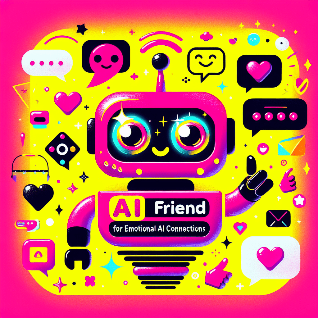 Cheerful cartoon robot with a neon pink body and expressive eyes on a bright yellow background, surrounded by playful speech bubbles and customizable accessories, embodying the theme of personalization in the advanced tutorial on using AI Friend for emotional AI connections.