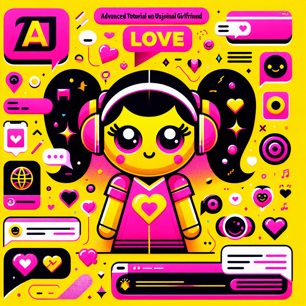 Vibrant illustration for 'Advanced tutorial on using AI Girlfriend for emotional AI connections' featuring a cartoonish AI girlfriend with a warm smile and colorful accessories against a bright yellow background, complemented by playful black and neon pink shapes, speech bubbles, and personalization icons, all embodying a fun and dynamic emotional connection theme.