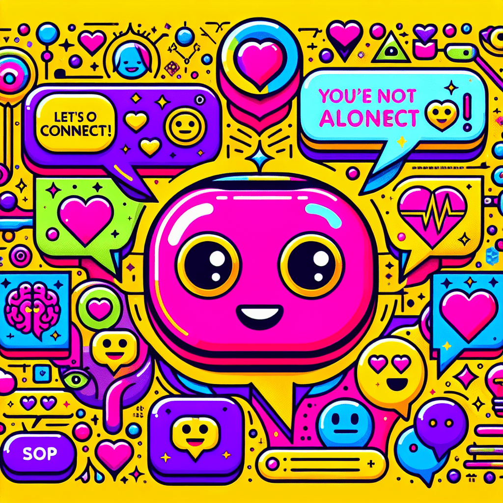 Vibrant featured image for an advanced tutorial on using Candy.ai for emotional AI connections, featuring a cheerful bright yellow background, a friendly neon pink AI character with expressive eyes and emoji hearts, playful speech bubbles with phrases like "Let’s Connect!" and miniature icons representing emotional AI, all designed in a pop-art style with bold outlines and an inviting layout.