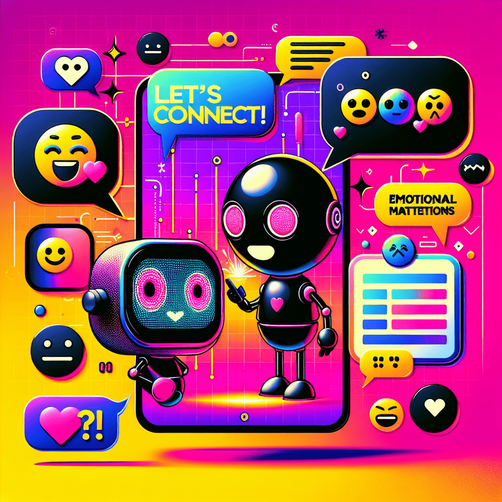 Colorful featured image for the blog "Advanced Tutorial on Using Character.ai for Emotional AI Connections" showcasing a cartoonish AI character with a playful smile, interacting with a digital device displaying emoticons, set against a vibrant gradient background of neon pink and bright yellow, embodying a pop-art style with bold illustrations and expressive graphics.