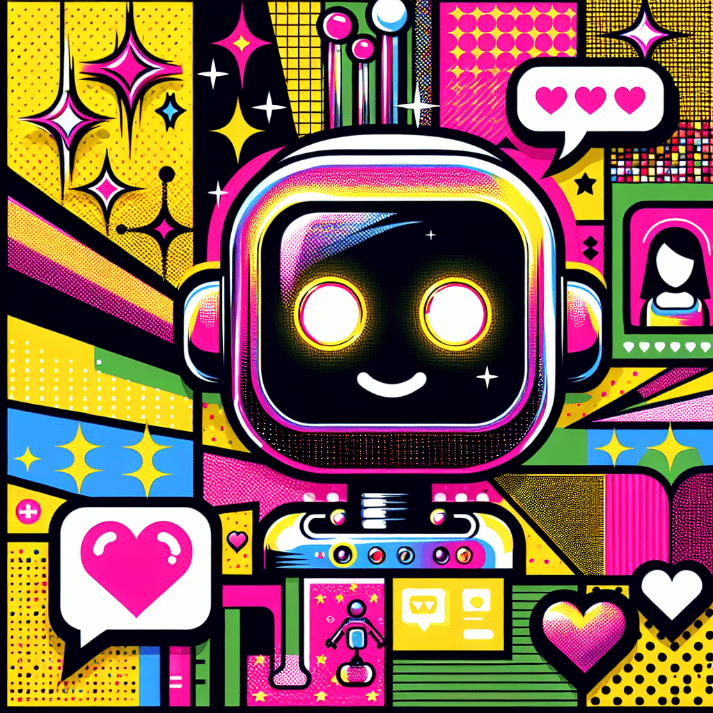 Bold pop-art style image featuring a cartoonish AI companion robot with a heart design, large expressive eyes, and a welcoming smile. The vibrant color palette of Neon Pink, Bright Yellow, Black, and White is complemented by geometric shapes in the background, embodying movement and emotional connections. Personalization icons like speech bubbles with heart symbols and a chat box indicate user interaction. The fun, bold text overlay displays the title "Advanced tutorial on using Crushon.ai for emotional AI connections," enhanced with playful accents like sparkles and stars amidst whimsical details like love hearts and smiling stars, creating a youthful vibe.