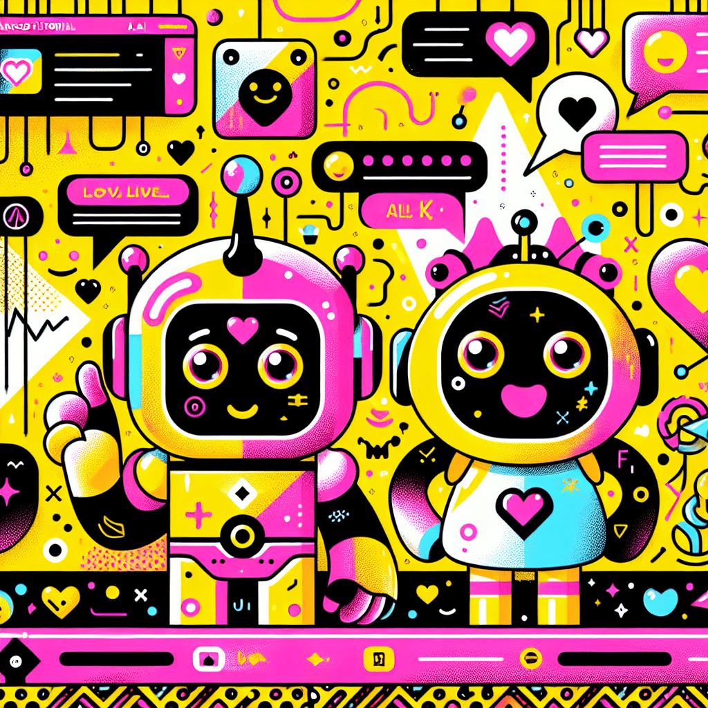 Vibrant pop-art illustration for an advanced tutorial on using DreamGF.ai for emotional AI connections, featuring a Bright Yellow background, playful Black and White patterns, two cartoonish AI characters—a friendly robot with Neon Pink accents and a whimsical Bright Yellow alien—along with personalization elements like speech bubbles and hearts, and tech visuals representing AI technology, all while incorporating the All My Love brand colors.