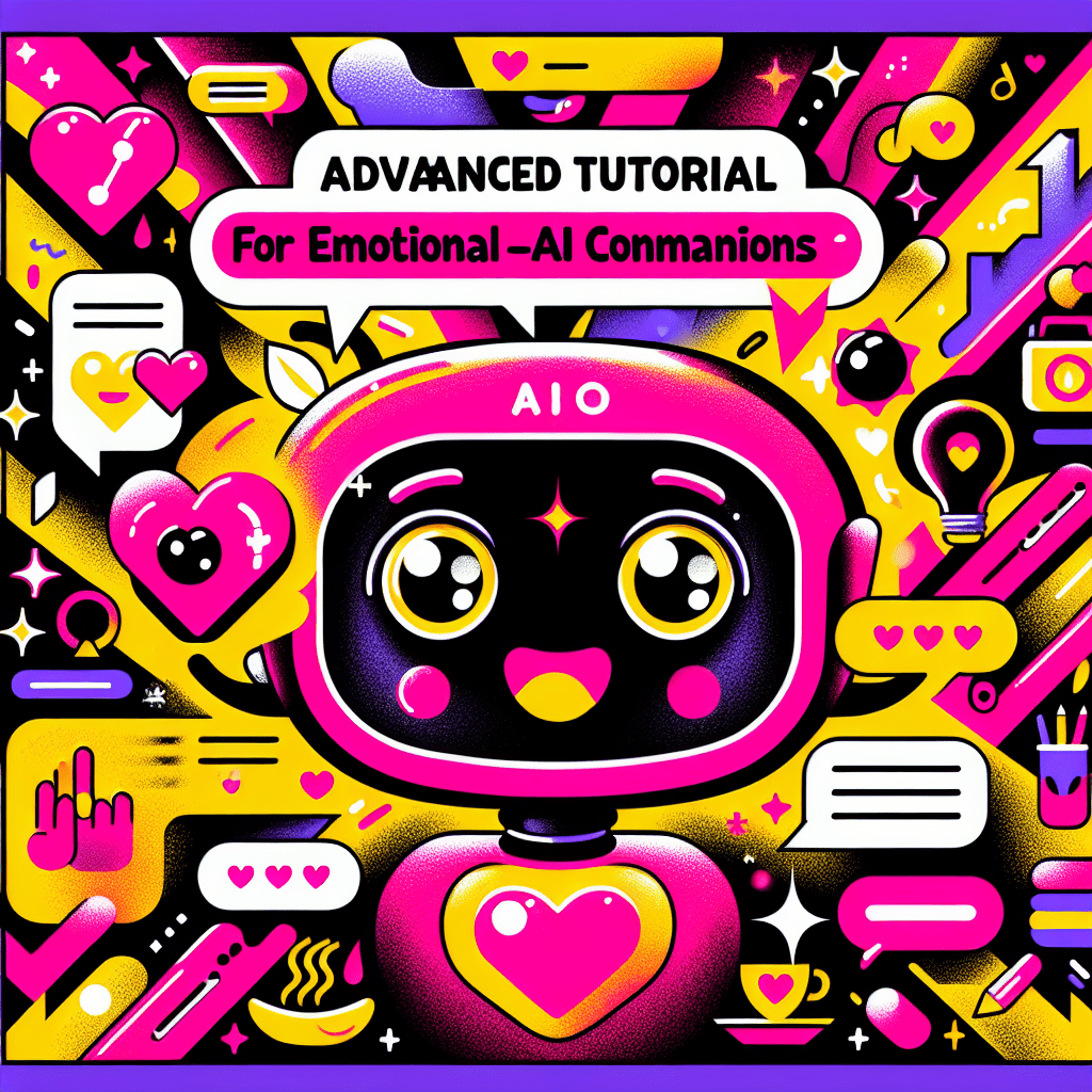 Vibrant pop-art style illustration for the blog 'Advanced tutorial on using GirlfriendGPT for emotional AI connections', featuring a friendly cartoon AI companion in black and white with Neon Pink and Bright Yellow highlights, surrounded by whimsical personal connection icons and playful typography that captures the essence of emotional connections.