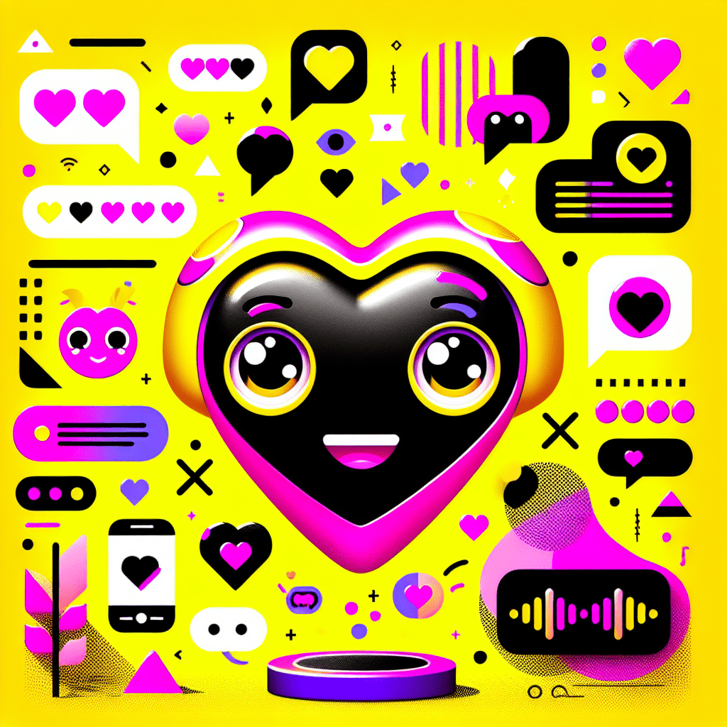 Bright yellow background featuring a cartoonish AI companion character with a heart-shaped body, large expressive eyes, and a wide smile in neon pink and black accents. Surrounding it are floating icons like heart emojis and chat bubbles representing emotional connections, alongside colorful customizable elements like hats and glasses. The image includes bold white text that reads "Advanced Tutorial on Using LovePalz for Emotional AI Connections" with a black outline, all designed to convey a fun and vibrant atmosphere of AI companionship.