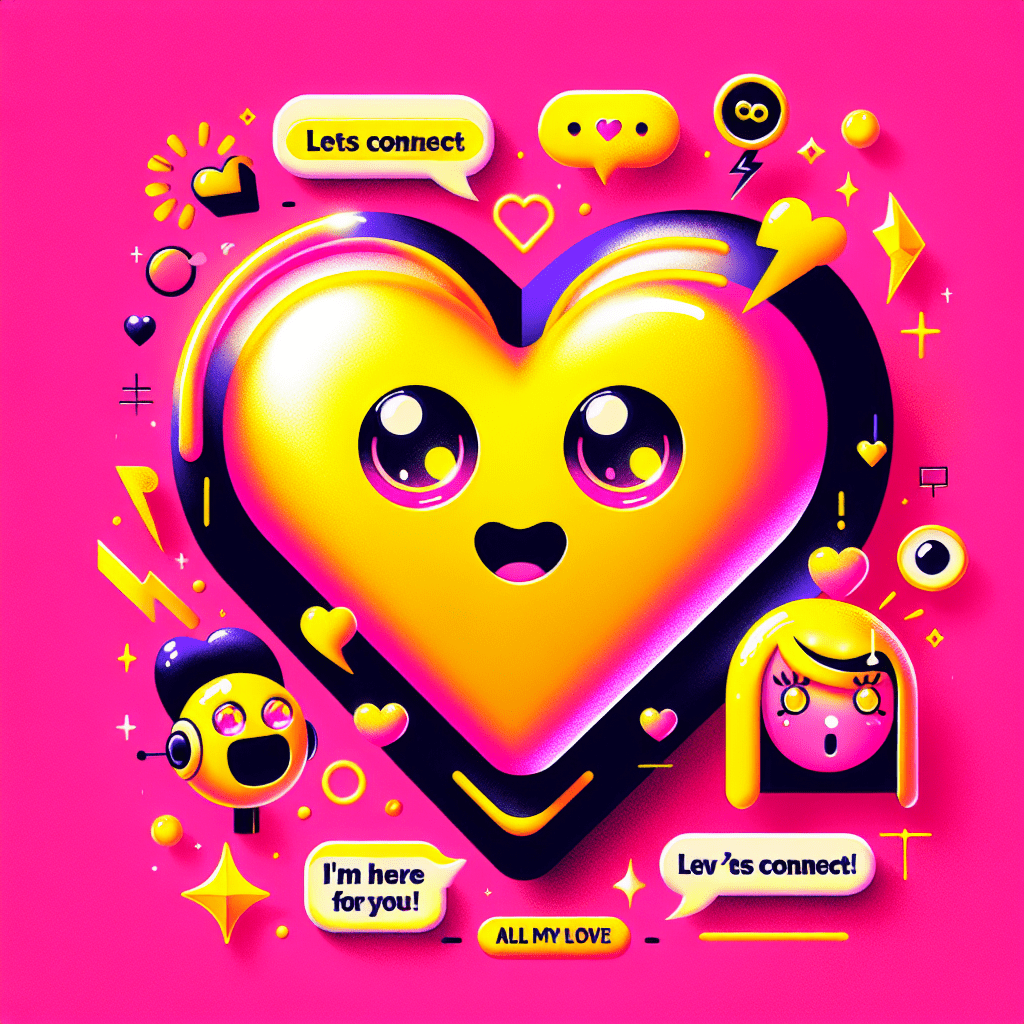 Vibrant neon pink background featuring a large cartoonish heart with playful eyes and a smile, surrounded by AI companions with fun expressions, speech bubbles saying "Let's connect!" and hearts, showcasing an advanced tutorial on using Muah.ai for emotional AI connections.