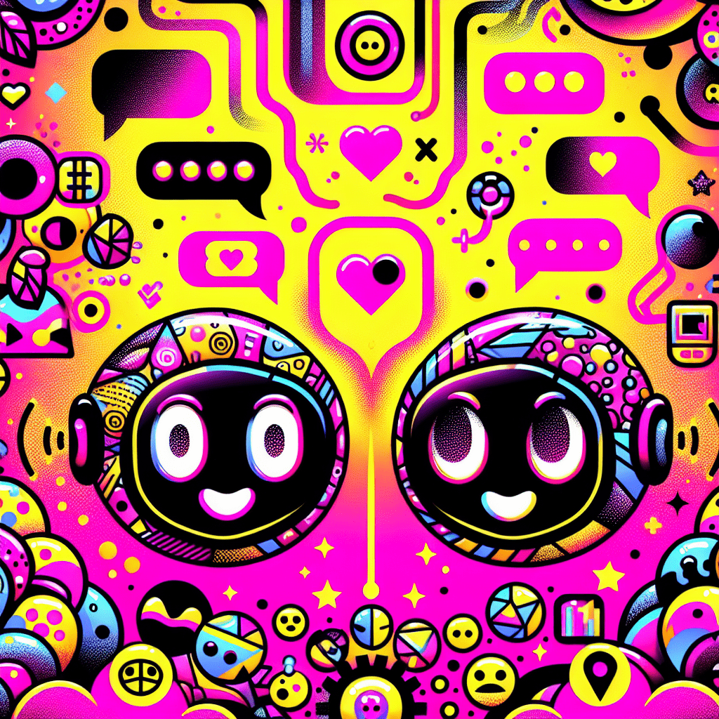 Vibrant illustration for the blog post 'Advanced tutorial on using ProjectX.AI for emotional AI connections' featuring two cartoonish AI companions on a neon pink background with playful yellow patterns, showcasing friendly interaction through expressive features, speech bubbles with emojis, and scattered digital icons like hearts and gears, conveying a lively, fun, and educational atmosphere.