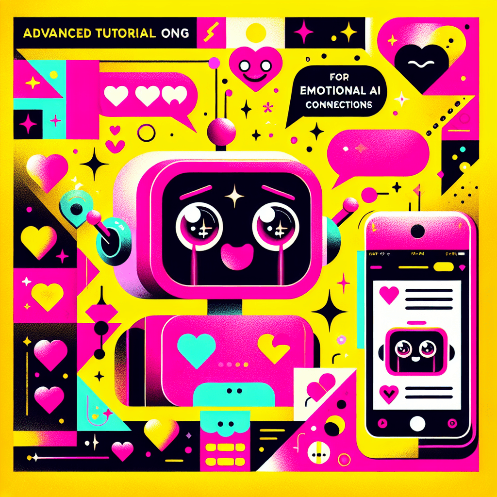 Bold pop-art style image featuring a friendly AI companion character in Neon Pink with large expressive eyes and a wide smile, set against a vibrant Bright Yellow background. The scene includes heart icons and playful chat bubbles to symbolize emotional connections, with a smartphone showcasing a personalized message. The title "Advanced Tutorial on Using Replika" is prominently displayed in bold typography, complemented by "for Emotional AI Connections" below. The design incorporates geometric shapes and fun elements like stars and speech bubbles, capturing the essence of playful AI companionship and emotional engagement.