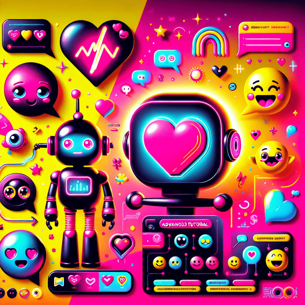 Vibrant image depicting an advanced tutorial on using SoulFun for emotional AI connections, featuring a friendly humanoid robot and a whimsical heart-shaped character against a bright gradient background, with cartoon emotion symbols, playful speech bubbles, and bold title text in white with neon pink outline, showcasing the lively essence of the 'All My Love' brand.