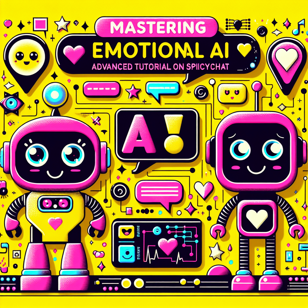 Vibrant featured image for the blog "Mastering Emotional AI" showcasing playful cartoon AI companions on a Bright Yellow background, with a Neon Pink robot and a friendly Black outline chat bubble. The title is in bold black font, emphasizing "SpicyChat" in Neon Pink, surrounded by whimsical hearts and stars. The design includes circuit lines and an interactive screen illustrating personalized chat responses, capturing the essence of fun and connection in the advanced tutorial on using SpicyChat for emotional AI connections.