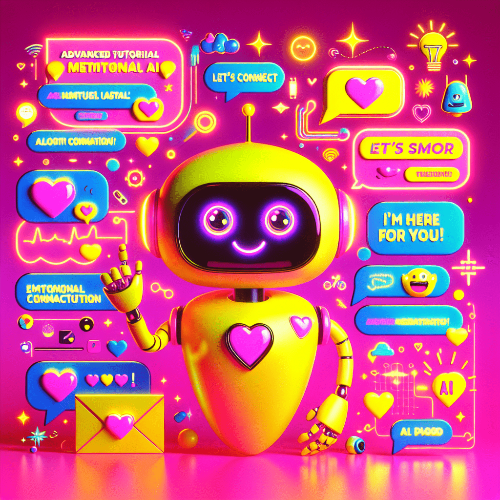 Vibrant cartoon robot with big eyes and a friendly smile in bright yellow, surrounded by heart-shaped icons and chat bubbles, representing the theme of emotional AI connections; capturing the essence of the blog 'Advanced tutorial on using Virtual Mate for emotional AI connections' with personalized avatars and playful accents on a neon pink background.