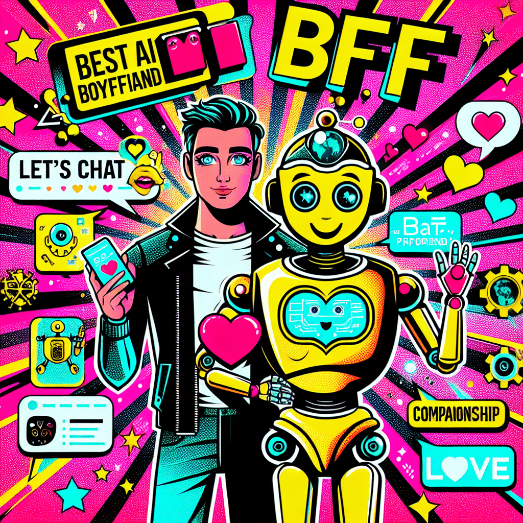 Vibrant pop-art style image illustrating the Best AI companion platforms: Comparing AI Boyfriend and ProjectX.AI, featuring a cartoonish AI Boyfriend with a heart-shaped gadget and a quirky robot representing ProjectX.AI, surrounded by playful speech bubbles, floating hearts, and dynamic comic-style words on a neon pink background.