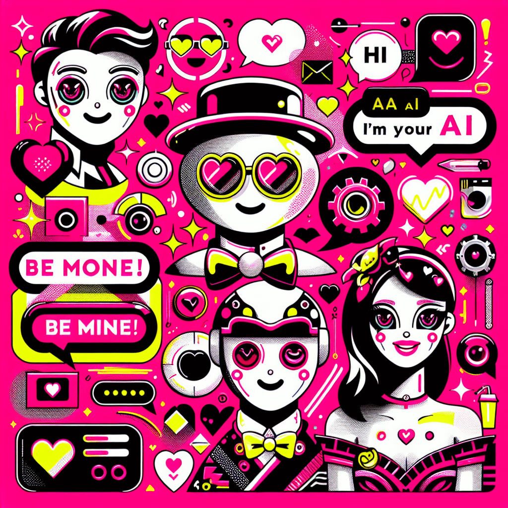 Colorful illustration of two cartoonish AI companions: a quirky AI Boyfriend with bright yellow accessories and a stylish Virtual Mate in black and white patterns, surrounded by playful graphics like hearts and speech bubbles, capturing the essence of the blog "Best AI Companion Platforms: Comparing AI Boyfriend and Virtual Mate" with vibrant pop-art flair and youthful energy.