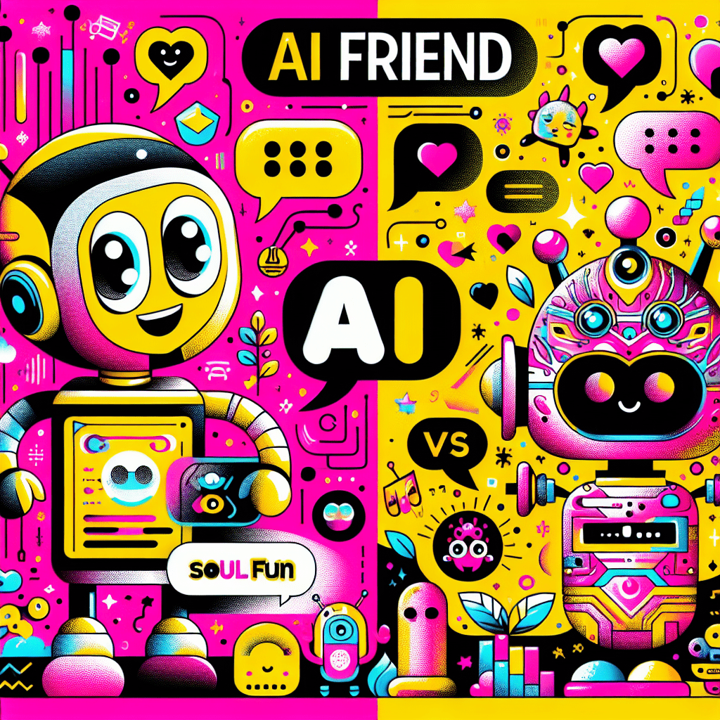 Cartoon-style illustration of a friendly AI companion robot in Bright Yellow and a whimsical alien character in Neon Pink against a vibrant background, featuring the title "Best AI Companion Platforms: Comparing AI Friend and SoulFun" in bold typography, surrounded by playful decorative elements symbolizing connectivity and friendship.