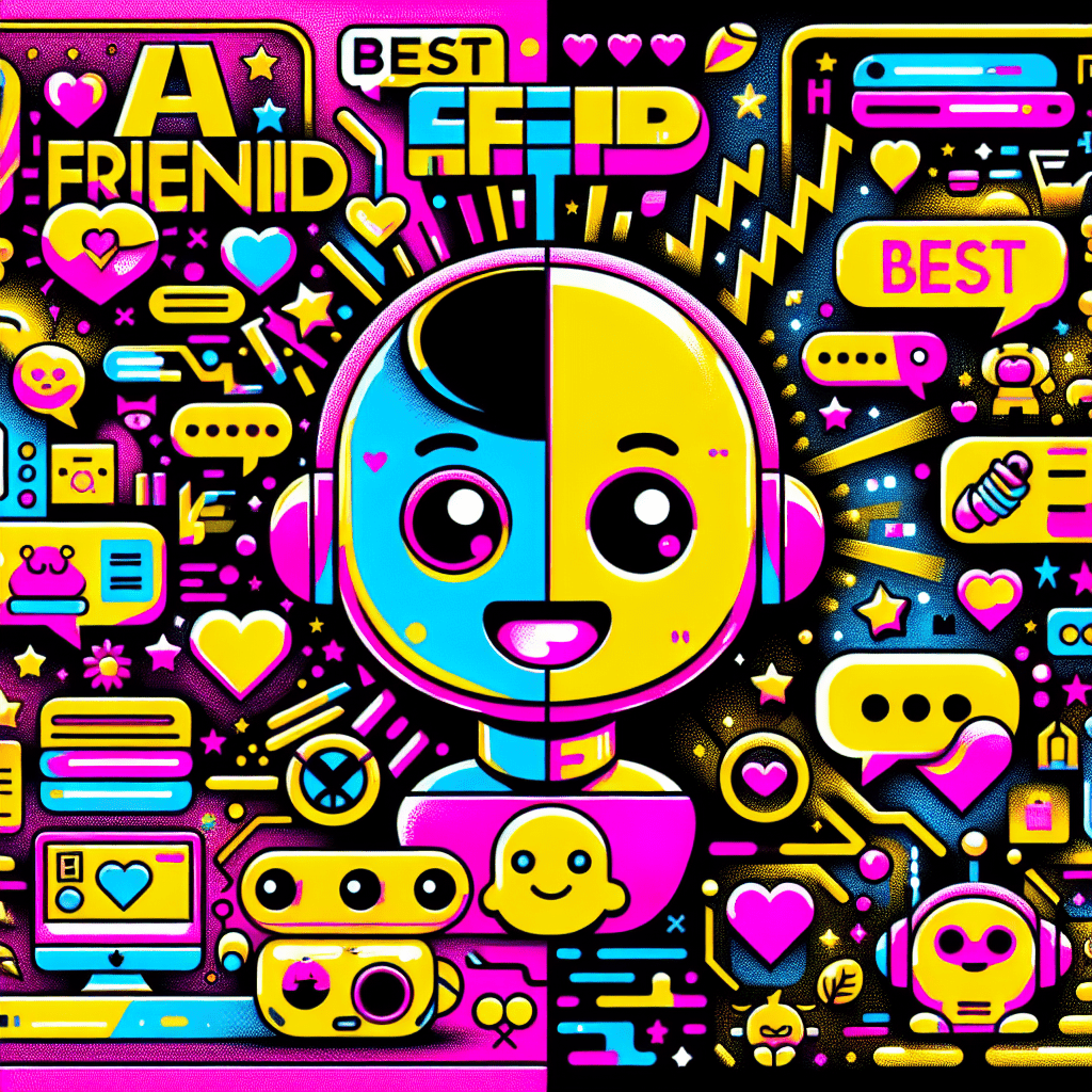 Colorful split scene featuring cartoon figures for the blog "Best AI Companion Platforms: Comparing AI Friend and SpicyChat" with a Neon Pink AI Friend surrounded by hearts and stars, and a cheeky SpicyChat in Bright Yellow and Black with speech bubbles filled with emojis. Central banner reads "Best AI Companion Platforms" in bold Neon Pink and White, surrounded by doodles of tech elements, creating a dynamic and youthful pop-art style composition.