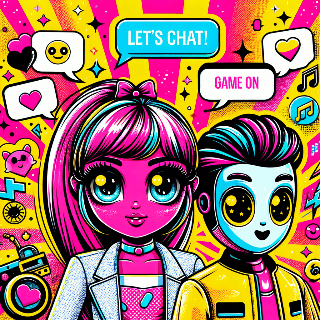 Featured image for the blog "Best AI Companion Platforms: Comparing AI Girlfriend and AI Boyfriend" featuring a vibrant pop-art style with a neon pink and bright yellow background, showcasing a cartoonish AI girlfriend in neon pink and white, and a friendly AI boyfriend in bright yellow and black. The image includes playful speech bubbles saying "Let’s Chat!" and "Game On!", heart motifs, music notes, and whimsical graphics like stars, with the title banner in bold colors and a splash of neon pink for emphasis.