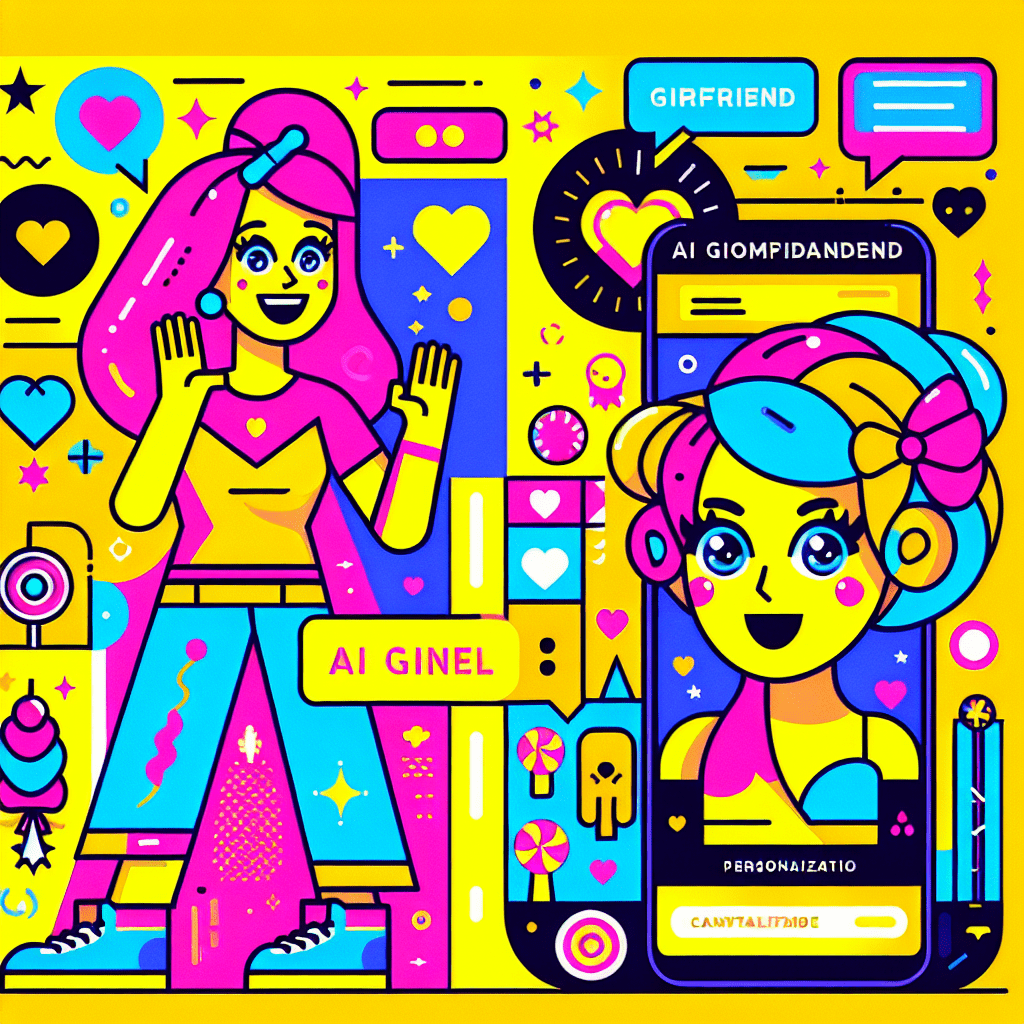 Vibrant featured image for the blog titled Best AI companion platforms: Comparing AI Girlfriend and Candy.ai, featuring a cheerful yellow background, cartoonish AI girlfriend with neon pink hair waving, playful candy-themed character, bold text title, fun decorative elements like hearts and stars, and symbols of personalization like a smartphone, reflecting a youthful and energetic spirit.