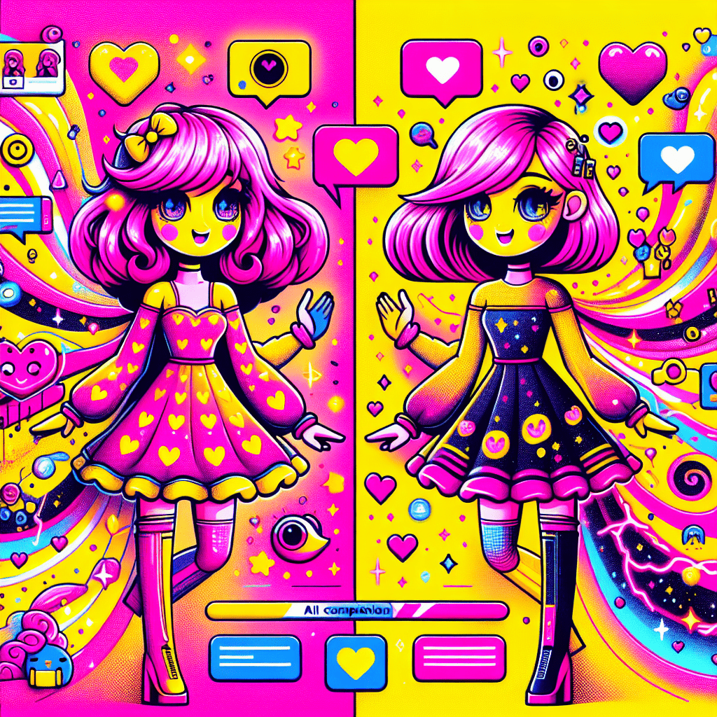 Playful split-screen image of two cartoonish AI companions representing Best AI companion platforms: Comparing AI Girlfriend and DreamGF.ai; on the left, the vibrant AI Girlfriend with pink hair and a cheerful neon dress, surrounded by sparkles; on the right, DreamGF.ai with synthetic features in a futuristic black and neon yellow outfit, featuring floating emojis and chat bubbles, all set against a vivid swirl of neon pink and bright yellow.