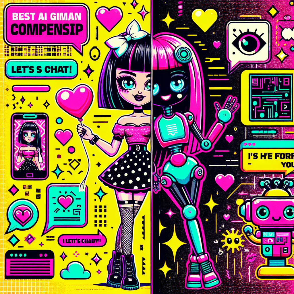 Vibrant pop-art scene depicting the blog theme "Best AI companion platforms: Comparing AI Girlfriend and GirlfriendGPT," featuring two cartoonish female figures, one with a quirky hairstyle and heart-shaped balloon representing AI Girlfriend, and the other with a playful digital aesthetic surrounded by chat bubbles representing GirlfriendGPT, set against a bright yellow and neon pink background with playful companion icons and bold text elements.