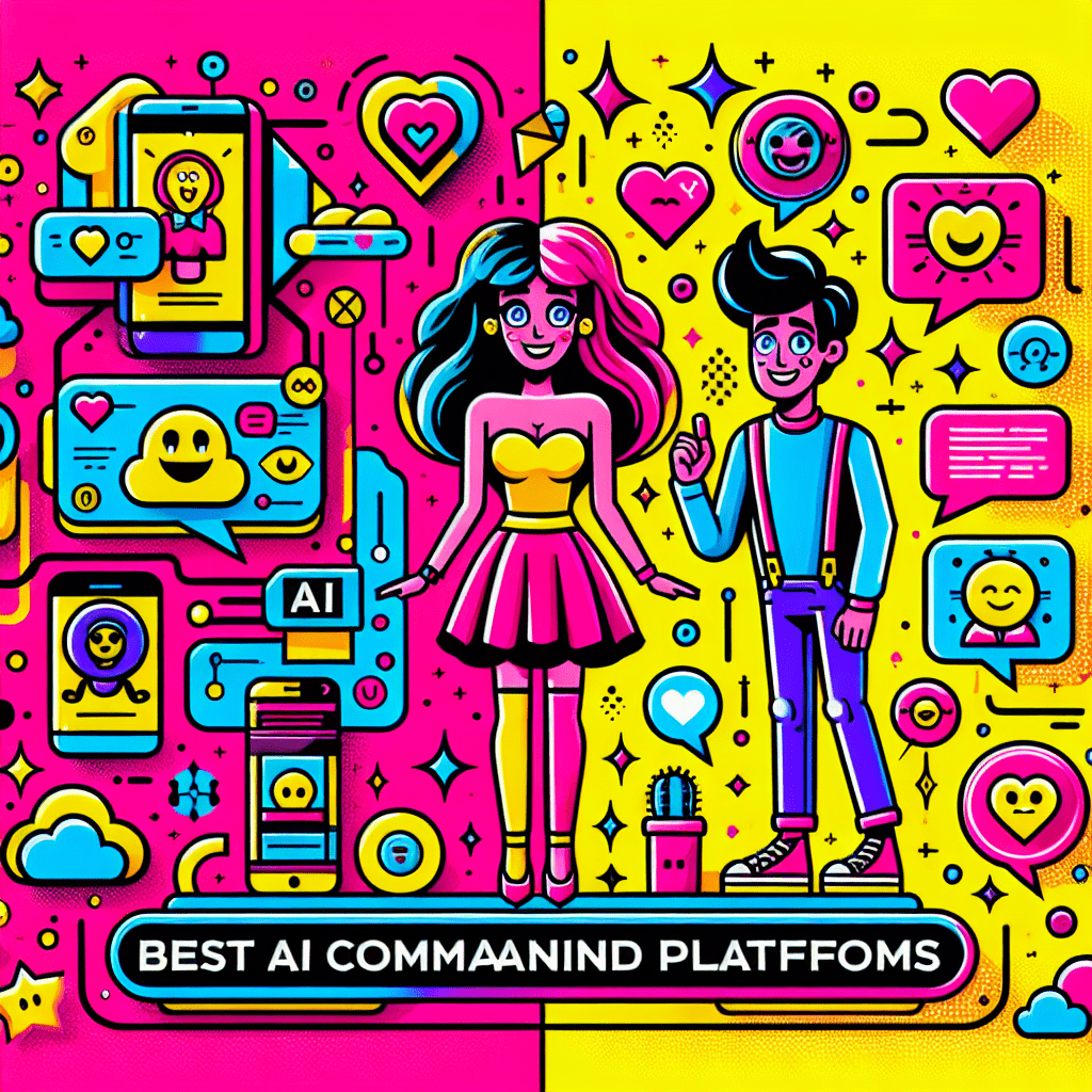 Vibrant pop-art illustration showcasing the best AI companion platforms, featuring a playful female AI Girlfriend in colorful attire against a neon pink background and a quirky male LovePalz character on a bright yellow background, surrounded by fun icons like hearts and gadgets, with the text "Best AI Companion Platforms: Comparing AI Girlfriend and LovePalz" in dynamic typography, embodying a sense of excitement and engagement.