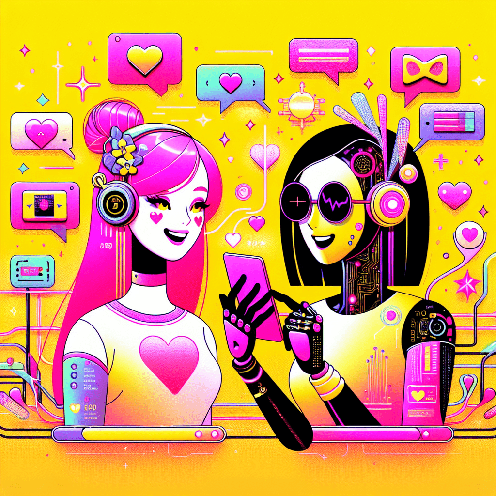 Bright yellow pop-art style image featuring a cartoonish AI girlfriend with neon pink hair and a friendly smile alongside a sleek ProjectX.AI avatar in black and white, showcasing a vibrant comparison of features between them, with playful speech bubbles and fun elements, encapsulating the theme of best AI companion platforms: comparing AI girlfriend and ProjectX.AI.