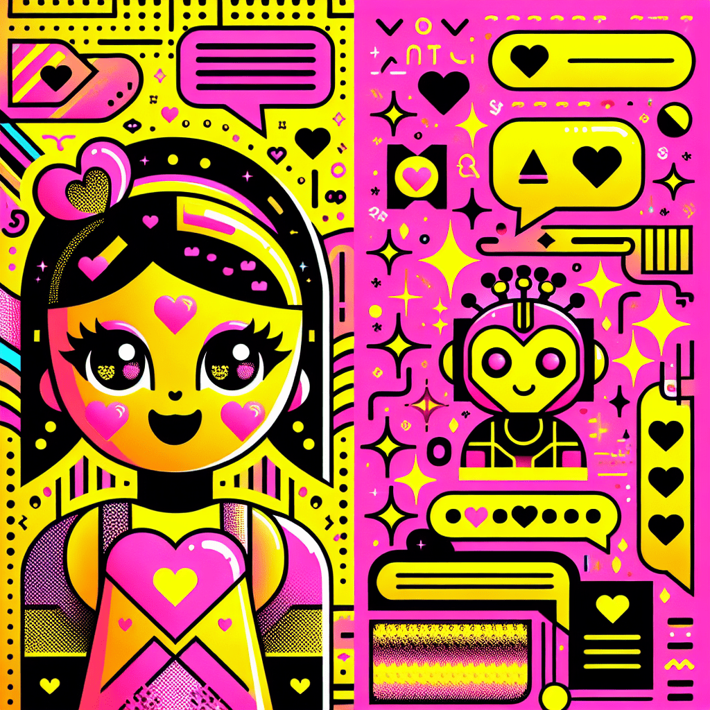 Vibrant image with a Neon Pink background featuring whimsical Bright Yellow and Black patterns, showcasing two cartoonish AI characters: a playful heart-shaped AI Girlfriend with expressive eyes and a geometric Replika with circuit patterns. Surrounded by personalization icons like customizable outfits and speech bubbles, the bold title "Best AI Companion Platforms" in Bright Yellow and playful elements like stars and a cartoon pet reflect the engaging theme of Best AI companion platforms: Comparing AI Girlfriend and Replika.