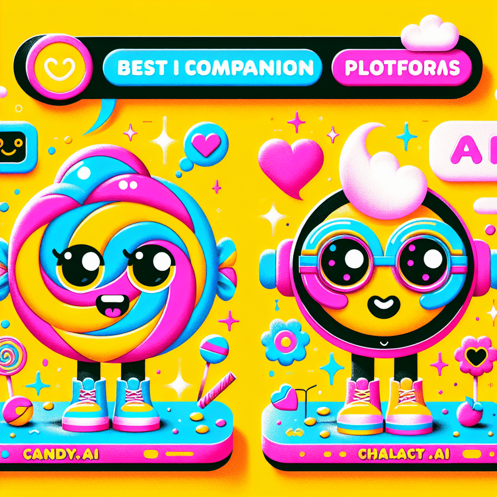 Vibrant image featuring playful AI characters representing the best AI companion platforms: Comparing Candy.ai and Character.ai, with a bright yellow background, colorful candy-themed features, and tech-savvy accents, showcasing fun individuality and interaction elements.