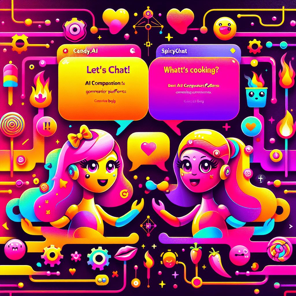 Vibrant featured image for the blog post "Best AI Companion Platforms: Comparing Candy.ai and SpicyChat," showcasing a dynamic gradient background of Neon Pink and Bright Yellow, with cartoon characters symbolizing Candy.ai and SpicyChat, playful speech bubbles, and whimsical details like stars and hearts, highlighting the fun and engaging nature of AI companionship.