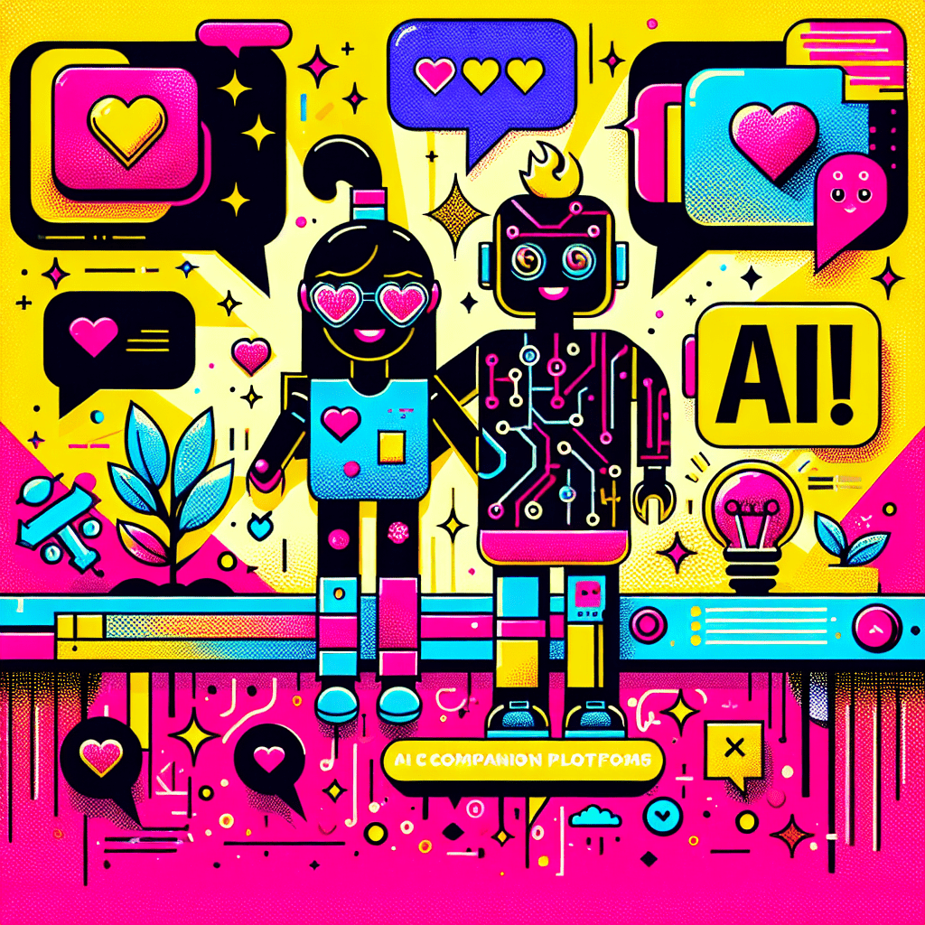 Bright gradient background in Neon Pink and Bright Yellow featuring two cartoonish characters representing AI companions: one with tech-inspired accessories for Character.ai and the other exuding warmth for AI Girlfriend. Bold black text reads 'Best AI Companion Platforms' at the top, surrounded by playful doodles while icons like speech bubbles with hearts enhance the personalized theme. Geometric shapes and comic-style patterns add depth, reflecting a vibrant, youthful energy, perfectly capturing the essence of best AI companion platforms: comparing Character.ai and AI Girlfriend.