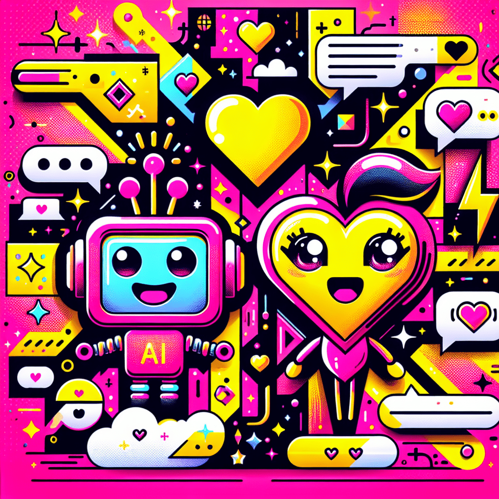 Playful pop-art style image depicting the Best AI companion platforms: Comparing Character.ai and Crushon.ai, featuring a friendly robot with neon pink accents and a speech bubble saying "Let’s chat!" alongside a charming yellow heart character with animated sparkles, set against a bright neon pink background with geometric shapes and playful graphics like chat bubbles, clouds, and stars.