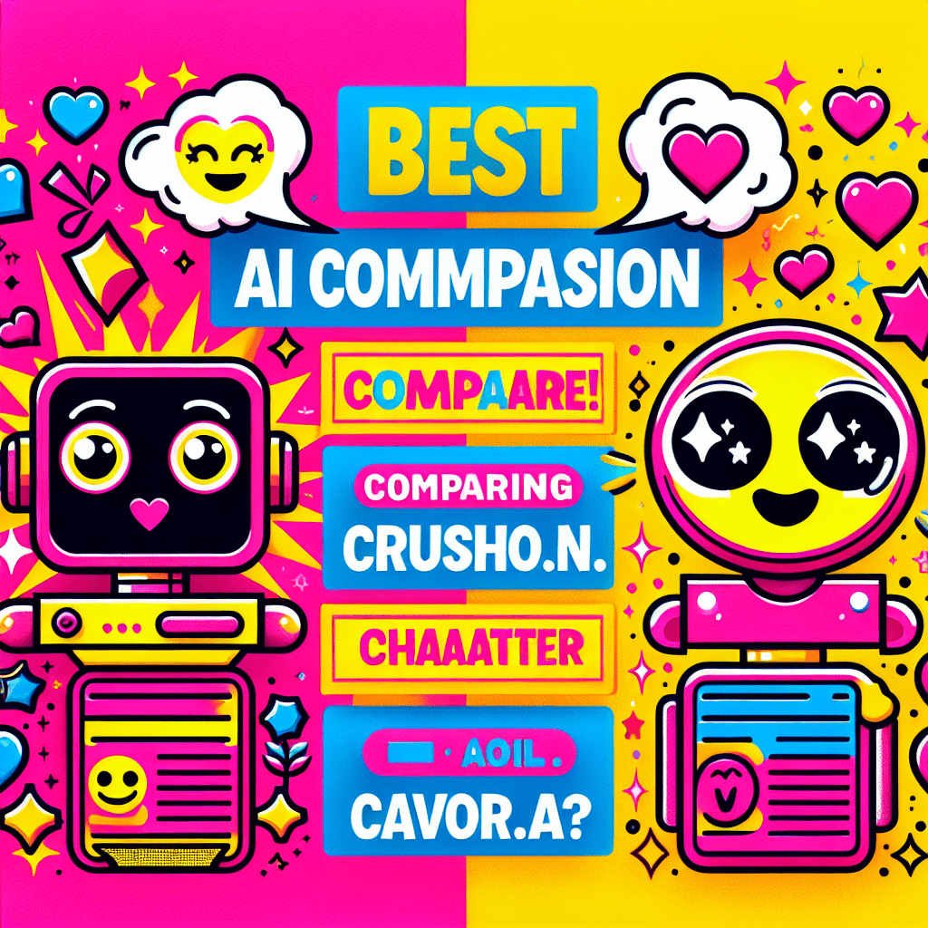 Vibrant split image with Neon Pink and Bright Yellow background showcasing two cartoon AI companions representing Crushon.ai and Character.ai, featuring playful elements like hearts and stars. Bold text reads "Best AI companion platforms: Comparing Crushon.ai and Character.ai" with speech bubbles saying “Let’s compare!” and “What’s your favorite?”, framed with a Black border and embellished with glitter and doodles.