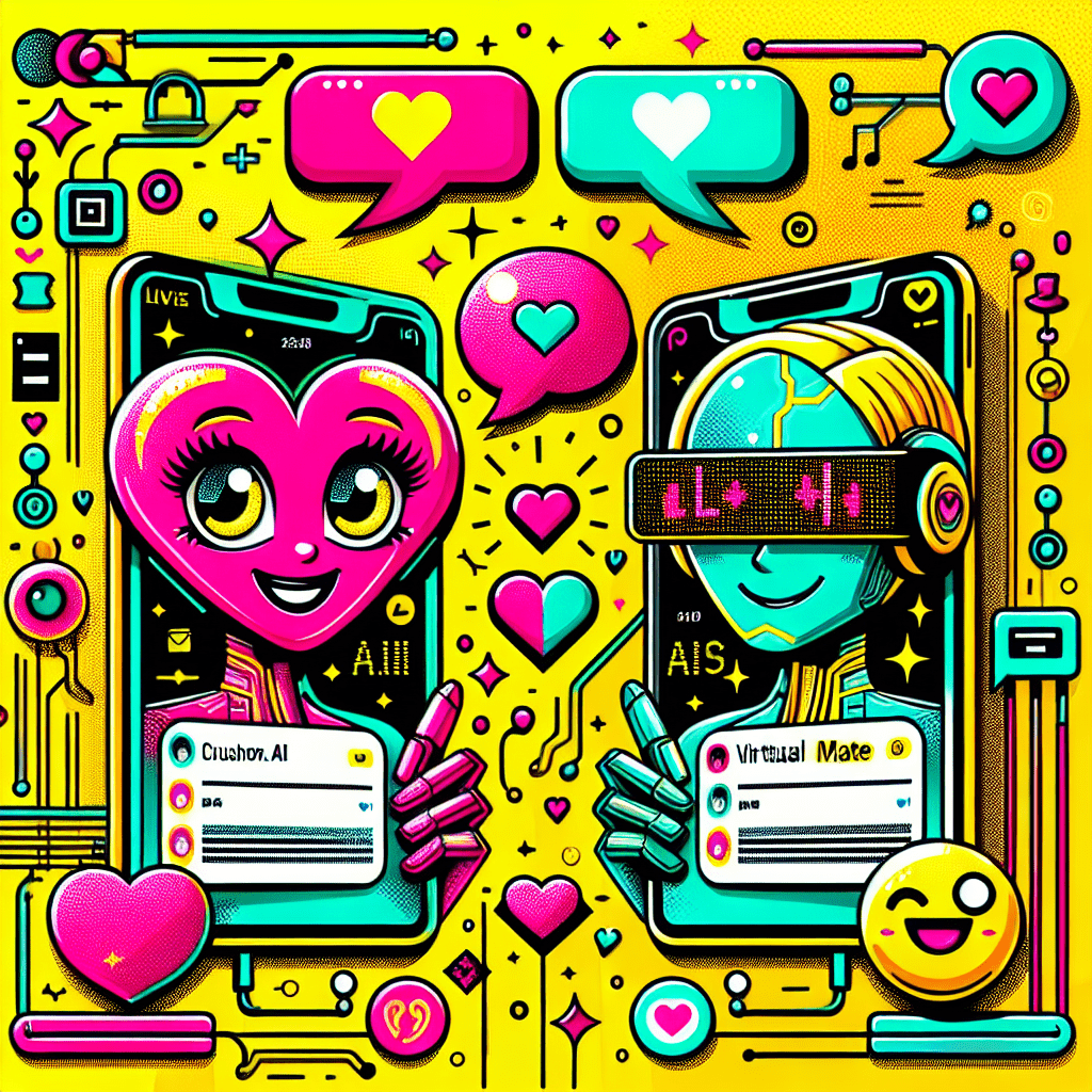 Cartoon characters representing the Best AI companion platforms: Comparing Crushon.ai and Virtual Mate with a bright yellow background, featuring a heart-shaped Crushon.ai character with a smartphone and a tech-inspired Virtual Mate character with virtual glasses, surrounded by playful text and decorative elements like stars and hearts.