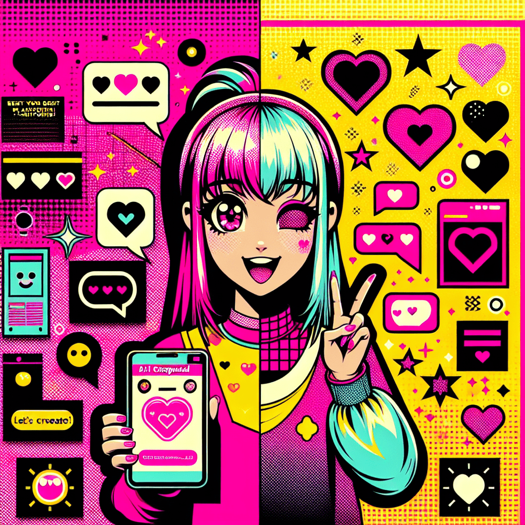 Vibrant split background in Neon Pink and Bright Yellow featuring cartoon characters representing DreamGF.ai with pink hair holding a heart device and AI Girlfriend with yellow accessories winking, surrounded by hearts and playful doodles, with the title "Best AI Companion Platforms: Comparing DreamGF.ai and AI Girlfriend" in bold typography and fun speech bubbles, capturing the playful essence of modern AI companionship.