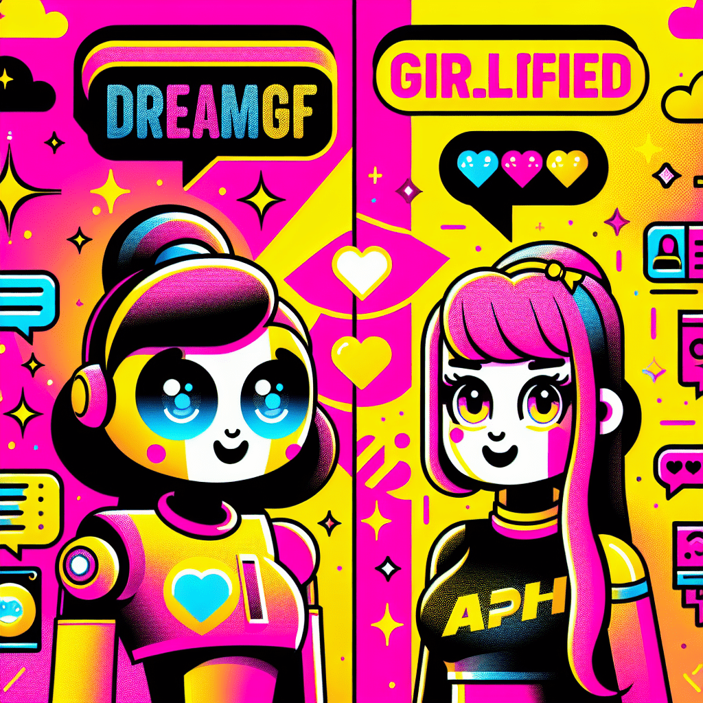 Colorful split background featuring cartoonish characters representing DreamGF.ai and GirlfriendGPT for the blog titled Best AI companion platforms: Comparing DreamGF.ai and GirlfriendGPT. DreamGF.ai is depicted on a neon pink side with a playful design, while GirlfriendGPT stands out in quirky style on a bright yellow background. The image includes fun AI elements like speech bubbles and circuit patterns, with bold text overlay for the title, creating an engaging and energetic pop-art aesthetic.