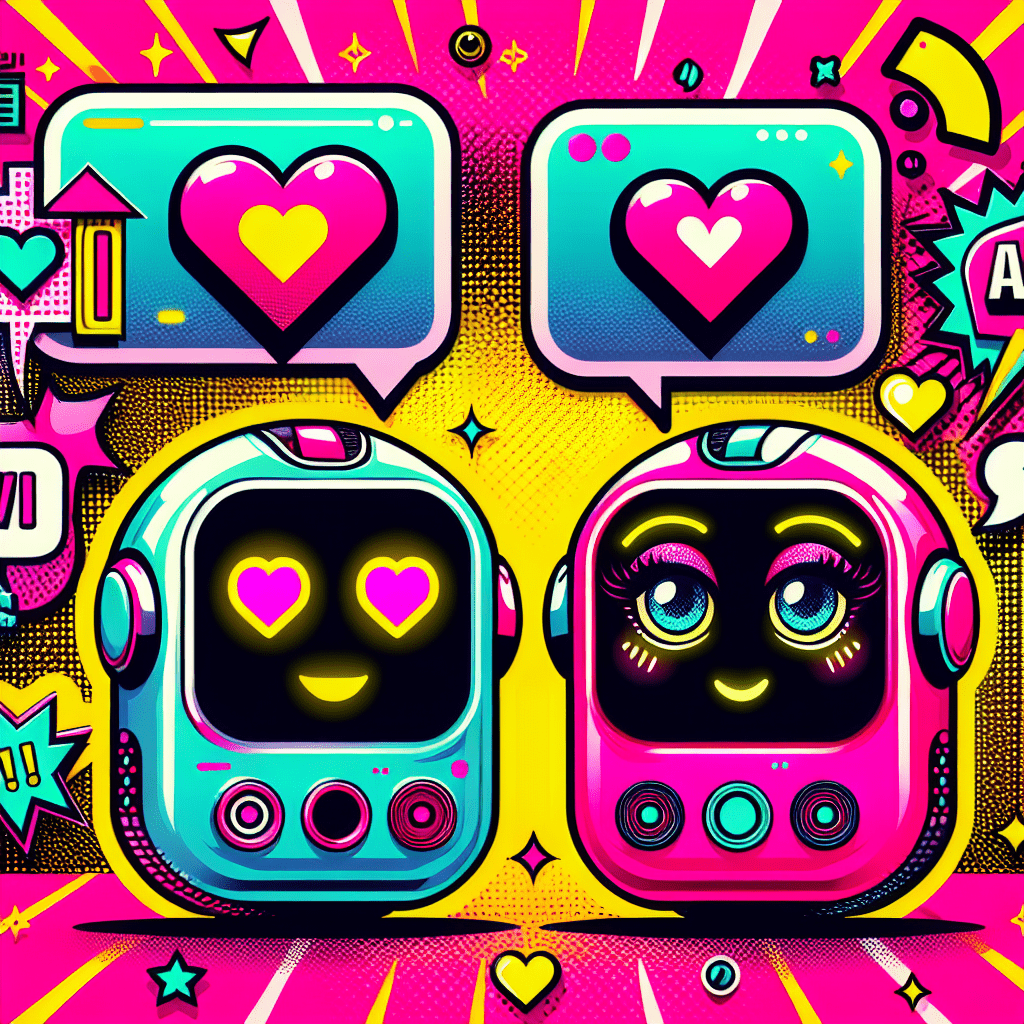 Vibrant pop-art inspired featured image for the blog "Best AI Companion Platforms: Comparing DreamGF.ai and Muah.ai" showcasing two cartoonish robots - a sleek, futuristic DreamGF.ai with a heart-shaped LED display and a playful Muah.ai with oversized eyes and a cheeky grin, set against a neon pink backdrop with comic-style bursts and chat bubbles, embodying the essence of AI companionship.