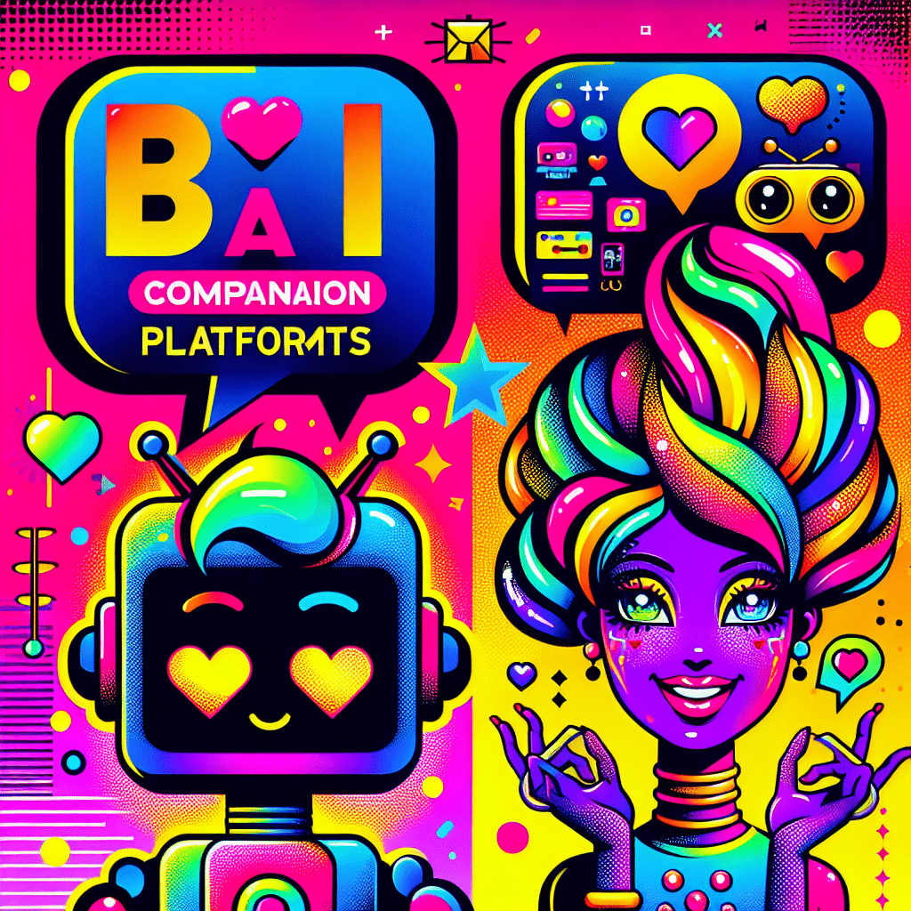 Vibrant featured image for the blog "Best AI companion platforms: Comparing DreamGF.ai and ProjectX.AI," featuring a neon pink and bright yellow background, two cartoonish AI characters with playful expressions, bold typography for the title and subtitle, fun emoji-filled speech bubbles, and colorful patterns, highlighting the themes of personalization and interaction in AI companionship.