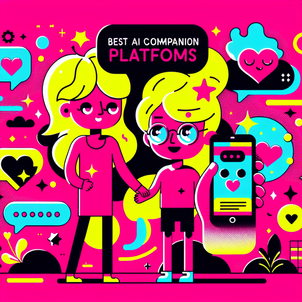 Bright neon pink background featuring playful cartoon characters representing GirlfriendGPT and AI Friend, with GirlfriendGPT smiling with hearts and AI Friend wearing glasses and holding a smartphone. Bold black text overlay reads "Best AI Companion Platforms" with "Comparing GirlfriendGPT and AI Friend" in bright yellow below. Enhanced with hearts, stars, and chat bubbles for a fun vibe, all framed by a thin black outline, encapsulating the theme of Best AI companion platforms: Comparing GirlfriendGPT and AI Friend.