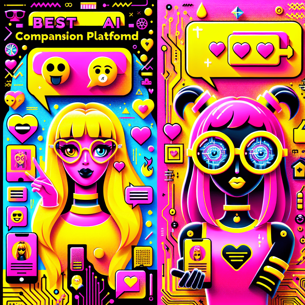 Vibrant featured image for the blog "Best AI Companion Platforms: Comparing GirlfriendGPT and AI Girlfriend" with a neon pink background, cartoonish characters representing GirlfriendGPT with bright yellow hair and AI Girlfriend with bright pink hair, playful speech bubbles, and whimsical AI elements in bright yellow and white, framed by a black border with fun doodles.